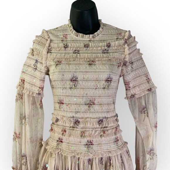 Needle & Thread Sequin Mini Dress with Sheer Sleeves in Dusty Mauve Pink Floral - Picture 10 of 15